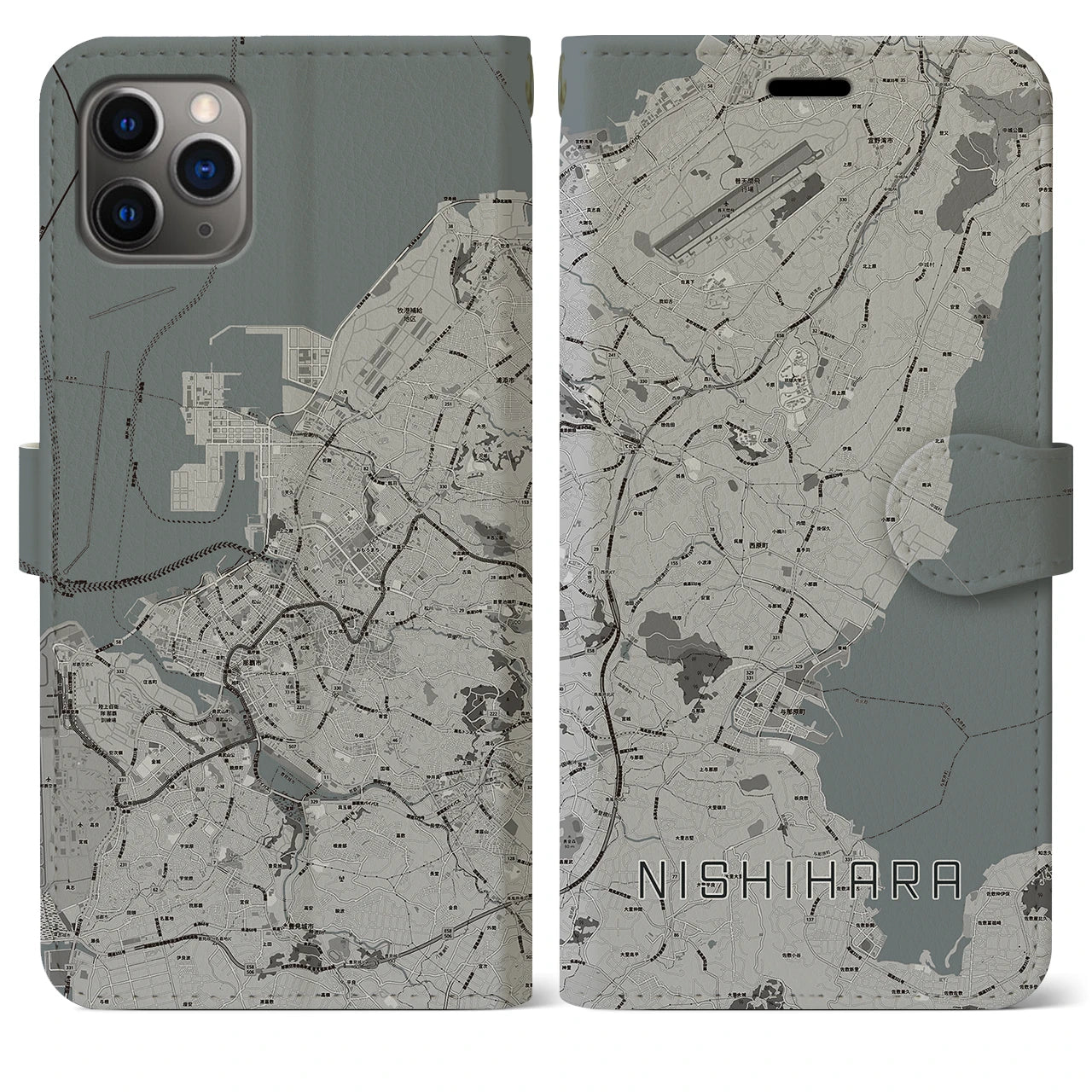 【西原】地図柄iPhoneケース（手帳両面タイプ・モノトーン）iPhone 11 Pro Max 用