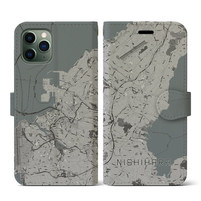 【西原（沖縄県）】地図柄iPhoneケース（手帳タイプ）モノトーン・iPhone 11 Pro 用