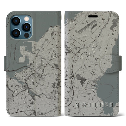 【西原（沖縄県）】地図柄iPhoneケース（手帳タイプ）モノトーン・iPhone 12 / 12 Pro 用