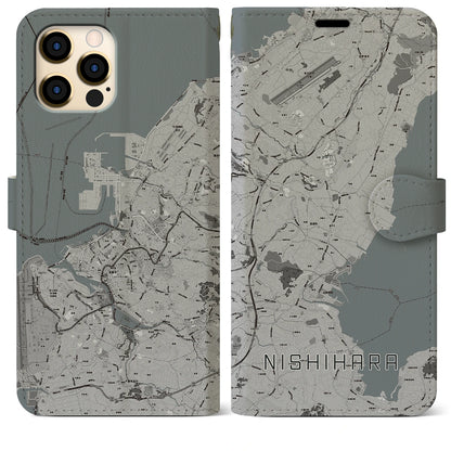 【西原（沖縄県）】地図柄iPhoneケース（手帳タイプ）モノトーン・iPhone 12 Pro Max 用