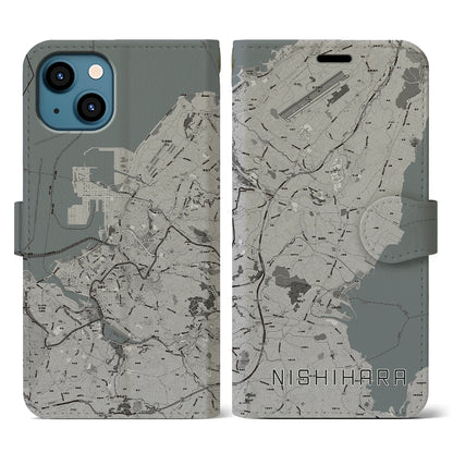 【西原（沖縄県）】地図柄iPhoneケース（手帳タイプ）モノトーン・iPhone 13 用