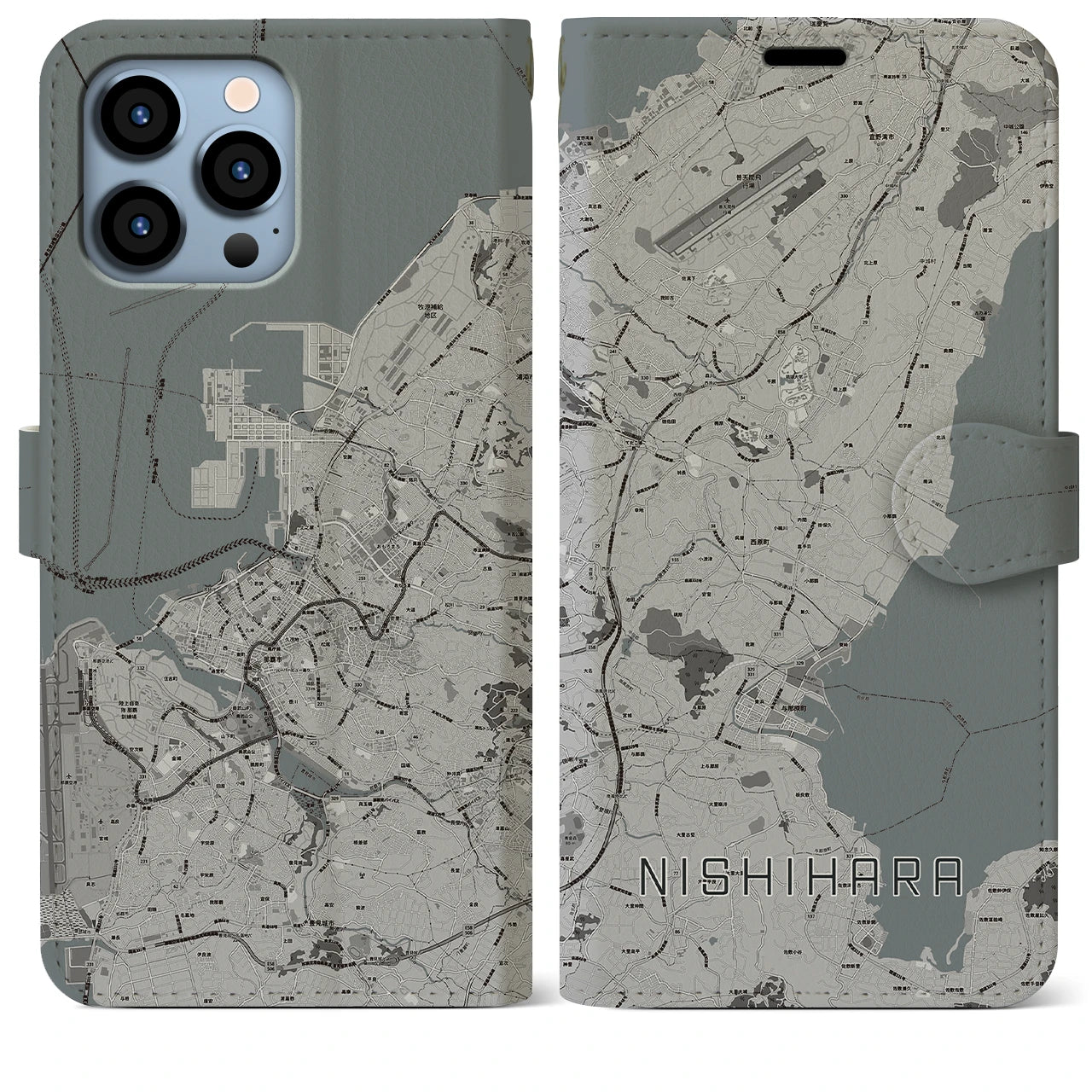 【西原】地図柄iPhoneケース（手帳両面タイプ・モノトーン）iPhone 13 Pro Max 用