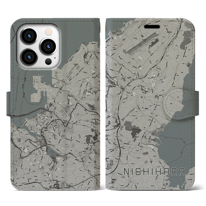 【西原（沖縄県）】地図柄iPhoneケース（手帳タイプ）モノトーン・iPhone 13 Pro 用