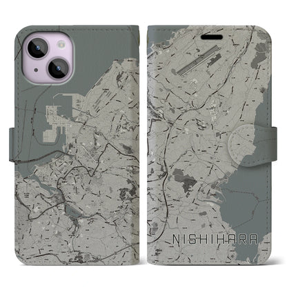 【西原（沖縄県）】地図柄iPhoneケース（手帳タイプ）モノトーン・iPhone 14 用