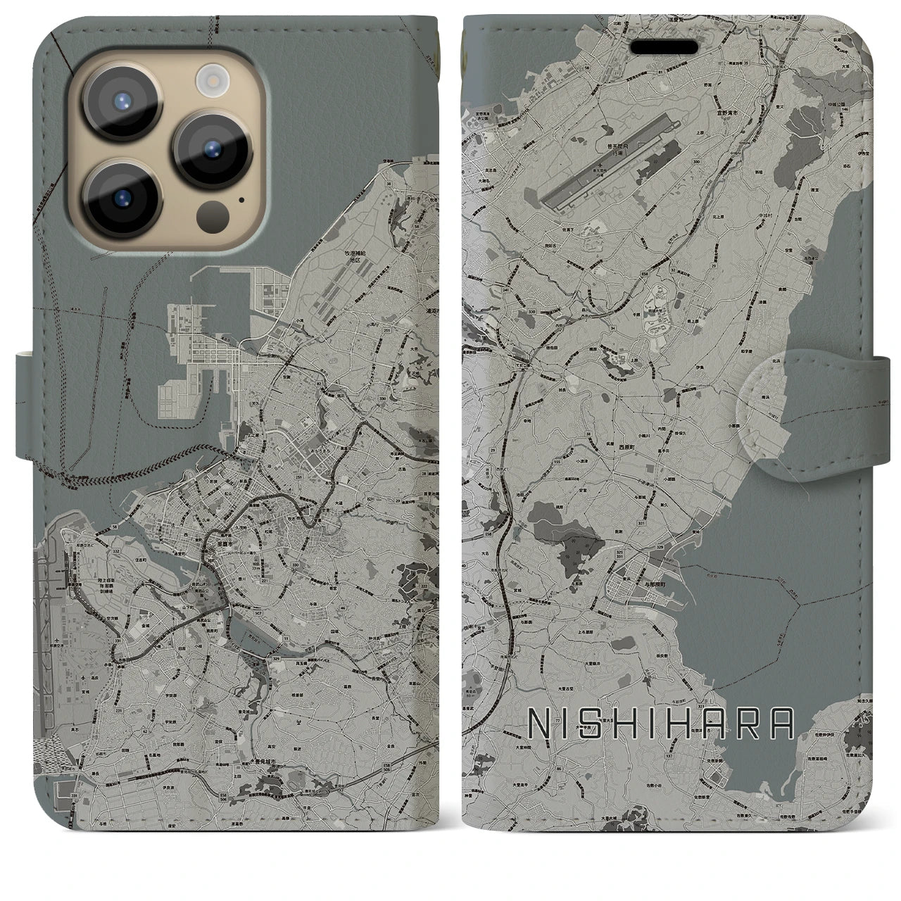 【西原】地図柄iPhoneケース（手帳両面タイプ・モノトーン）iPhone 14 Pro Max 用