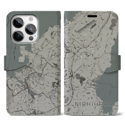 【西原（沖縄県）】地図柄iPhoneケース（手帳タイプ）モノトーン・iPhone 14 Pro 用