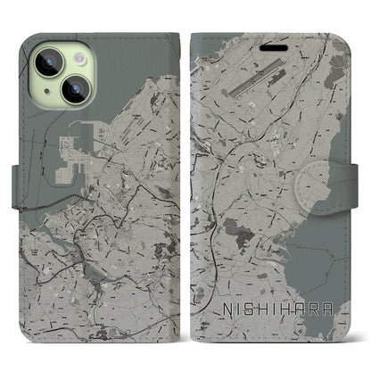 【西原（沖縄県）】地図柄iPhoneケース（手帳タイプ）モノトーン・iPhone 15 用