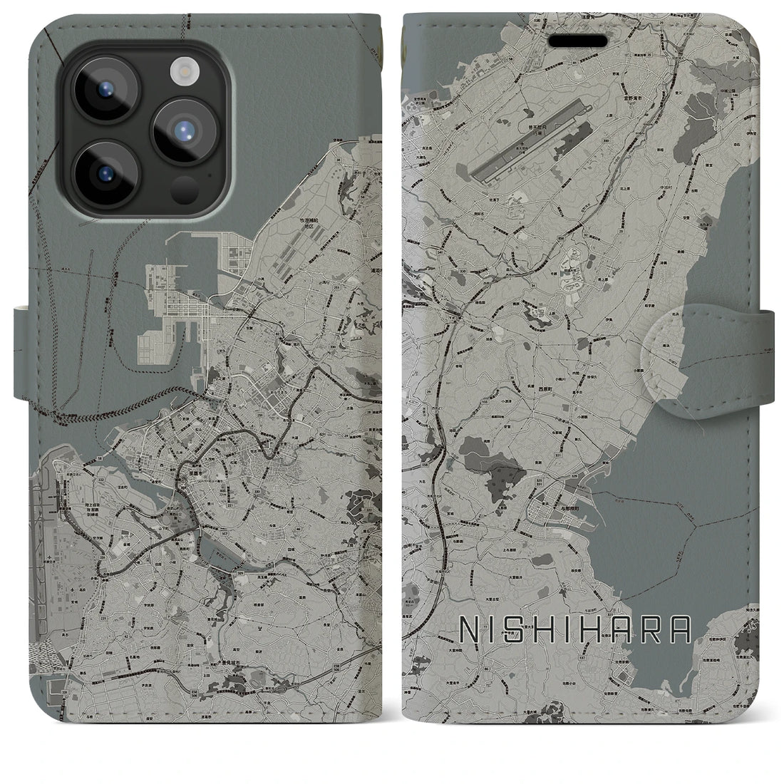 【西原】地図柄iPhoneケース（手帳両面タイプ・モノトーン）iPhone 15 Pro Max 用