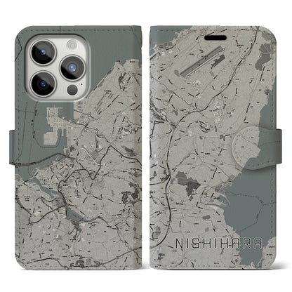 【西原（沖縄県）】地図柄iPhoneケース（手帳タイプ）モノトーン・iPhone 15 Pro 用