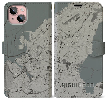 【西原（沖縄県）】地図柄iPhoneケース（手帳タイプ）モノトーン・iPhone 15 Plus 用