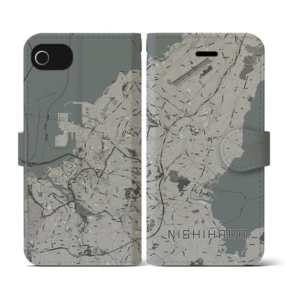 【西原（沖縄県）】地図柄iPhoneケース（手帳タイプ）モノトーン・iPhone SE（第3 / 第2世代） / 8 / 7 / 6s / 6 用