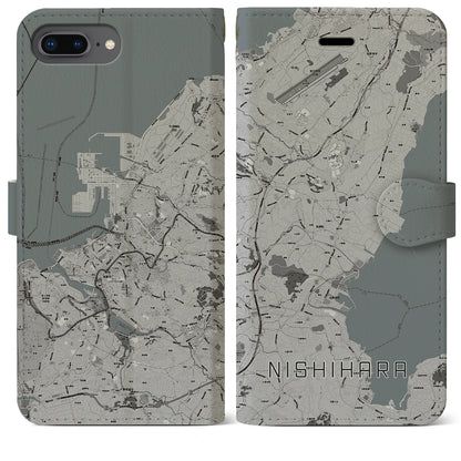 【西原（沖縄県）】地図柄iPhoneケース（手帳タイプ）モノトーン・iPhone 8Plus /7Plus / 6sPlus / 6Plus 用