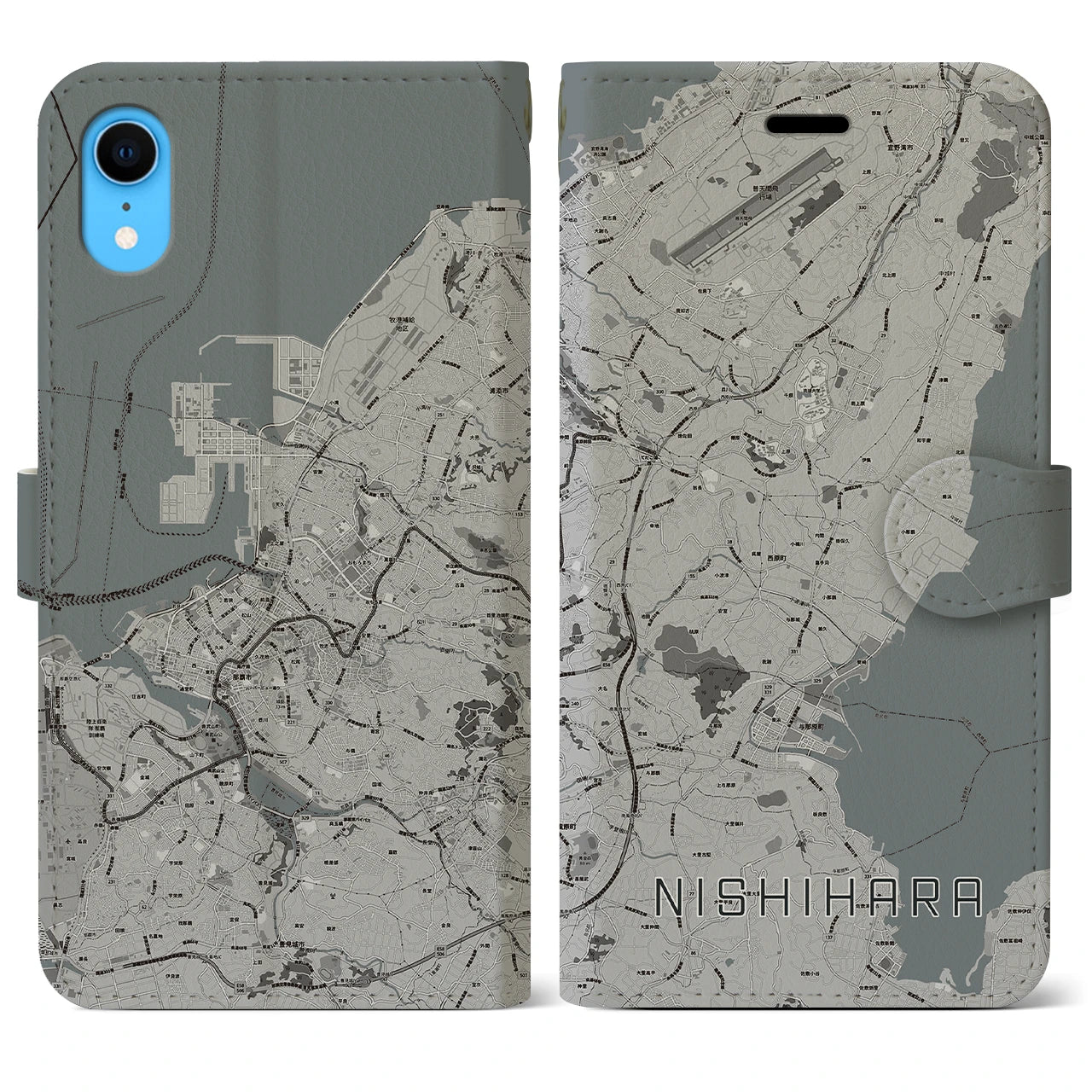 【西原】地図柄iPhoneケース（手帳両面タイプ・モノトーン）iPhone XR 用