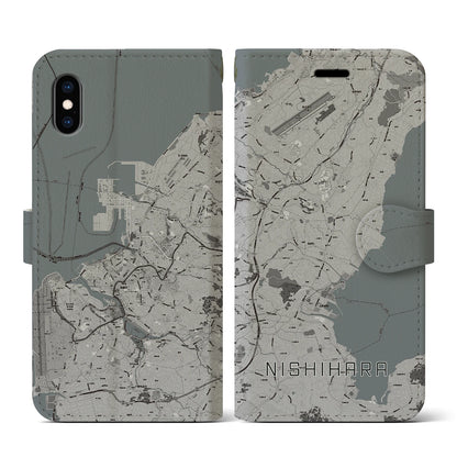 【西原（沖縄県）】地図柄iPhoneケース（手帳タイプ）モノトーン・iPhone XS / X 用