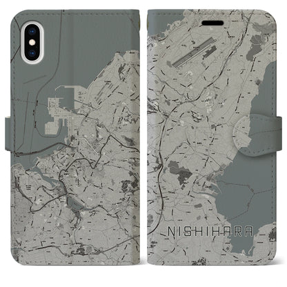 【西原（沖縄県）】地図柄iPhoneケース（手帳タイプ）モノトーン・iPhone XS Max 用