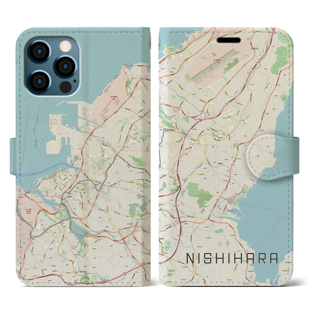 【西原（沖縄県）】地図柄iPhoneケース（手帳タイプ）