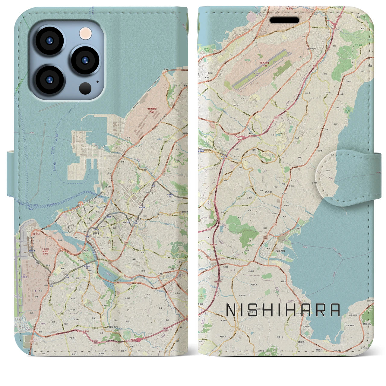 【西原（沖縄県）】地図柄iPhoneケース（手帳タイプ）
