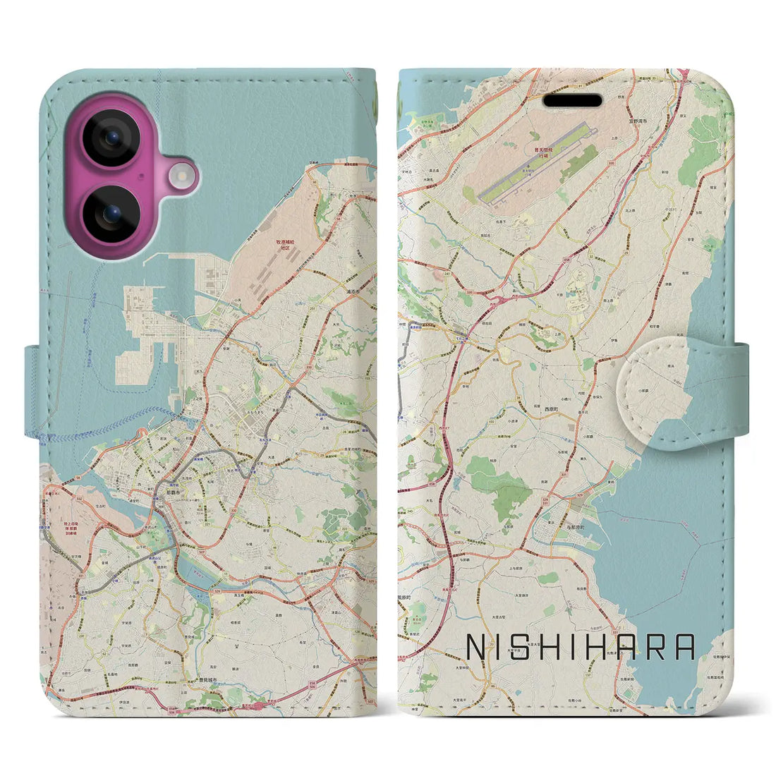 【西原（沖縄県）】地図柄iPhoneケース（手帳タイプ）ナチュラル・iPhone 16 Pro 用