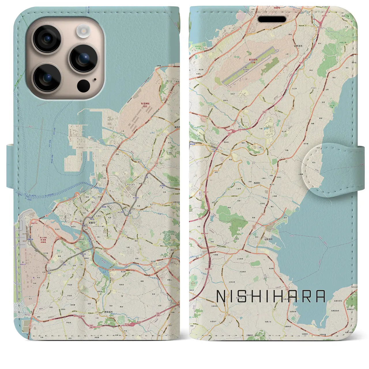 【西原（沖縄県）】地図柄iPhoneケース（手帳タイプ）ナチュラル・iPhone 16 Plus 用