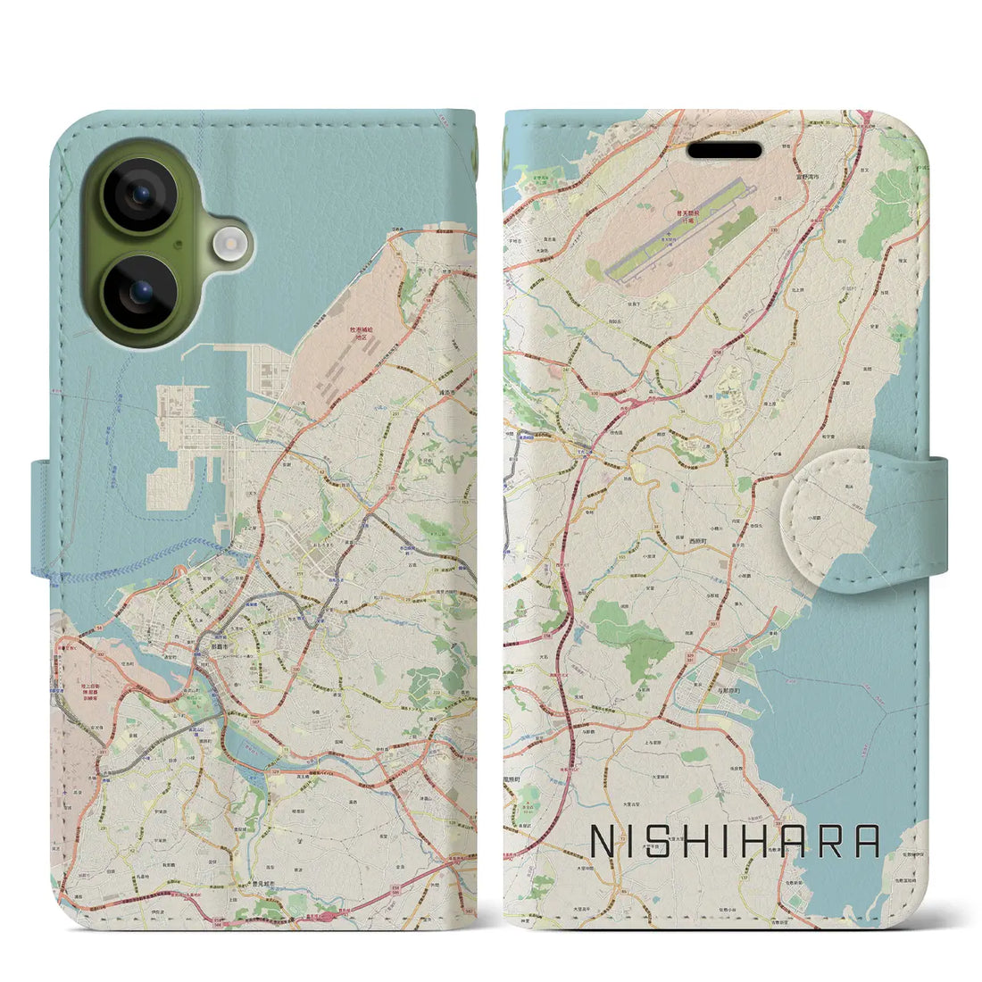 【西原（沖縄県）】地図柄iPhoneケース（手帳タイプ）ナチュラル・iPhone 17 Pro Max 用