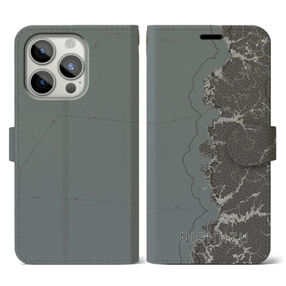 【西伊豆2（静岡県）】地図柄iPhoneケース（手帳タイプ）モノトーン・iPhone 15 Pro 用