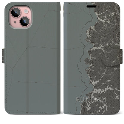 【西伊豆2（静岡県）】地図柄iPhoneケース（手帳タイプ）モノトーン・iPhone 15 Plus 用