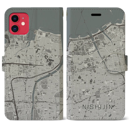 【西新（福岡県）】地図柄iPhoneケース（手帳タイプ）モノトーン・iPhone 11 用