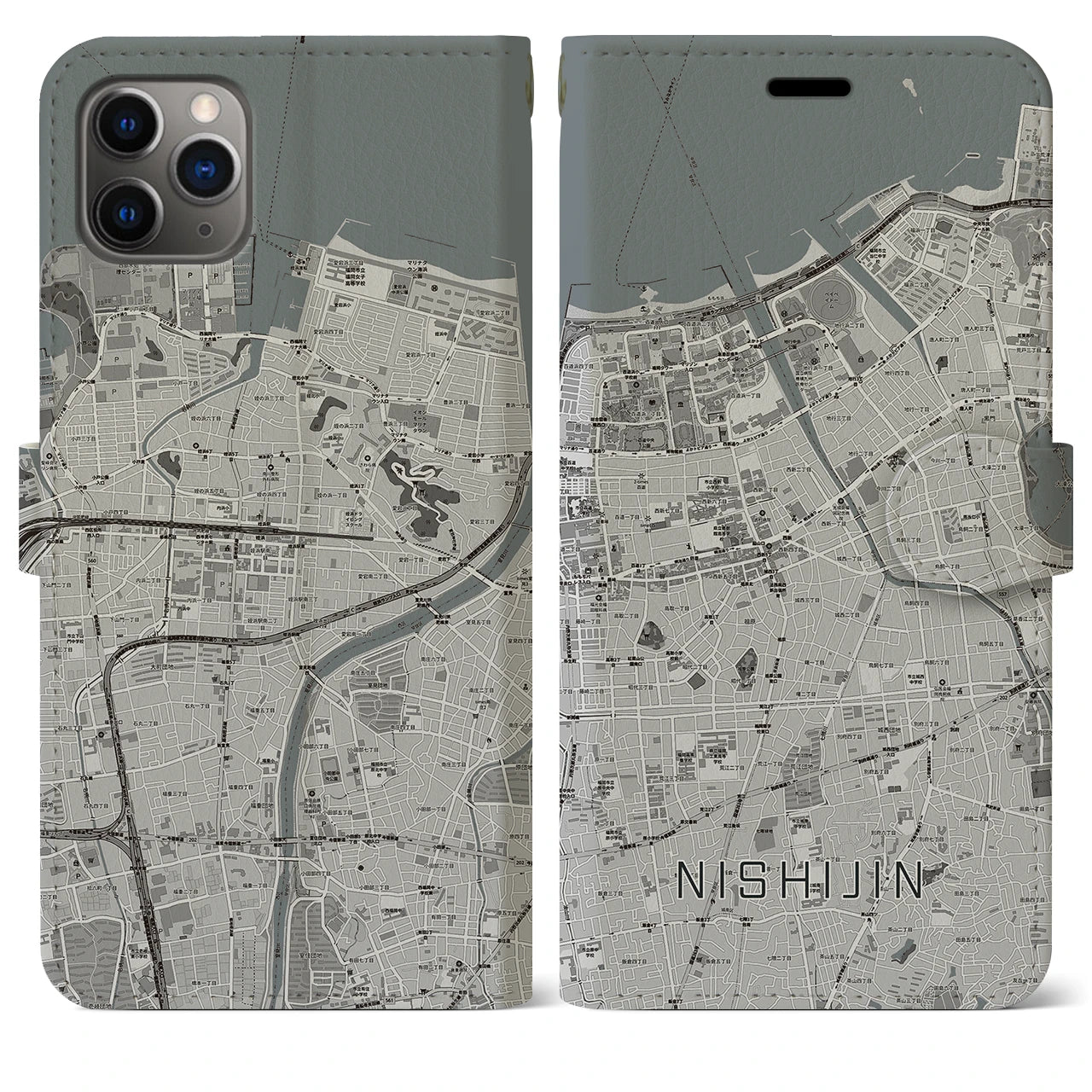 【西新】地図柄iPhoneケース（手帳両面タイプ・モノトーン）iPhone 11 Pro Max 用