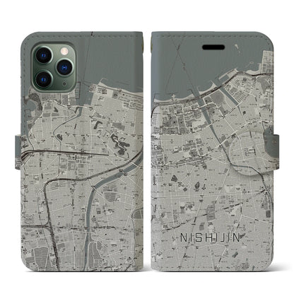 【西新（福岡県）】地図柄iPhoneケース（手帳タイプ）モノトーン・iPhone 11 Pro 用