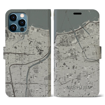 【西新（福岡県）】地図柄iPhoneケース（手帳タイプ）モノトーン・iPhone 12 / 12 Pro 用