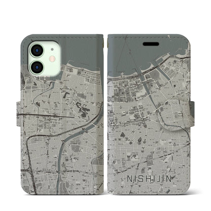 【西新（福岡県）】地図柄iPhoneケース（手帳タイプ）モノトーン・iPhone 12 mini 用