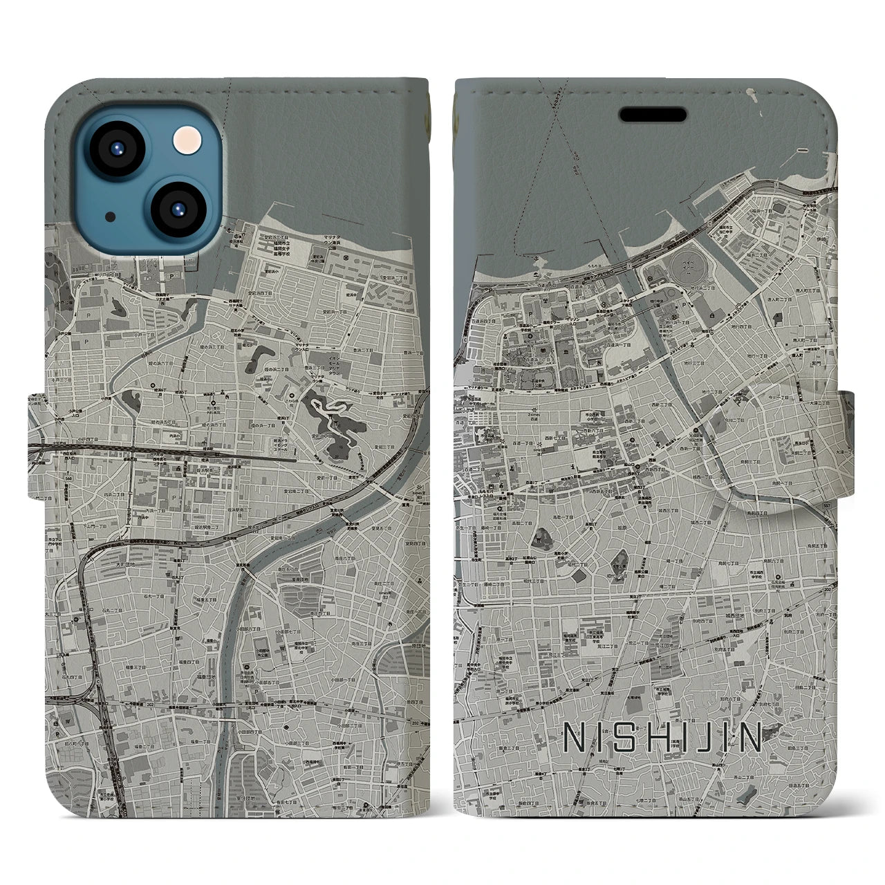 【西新】地図柄iPhoneケース（手帳両面タイプ・モノトーン）iPhone 13 用