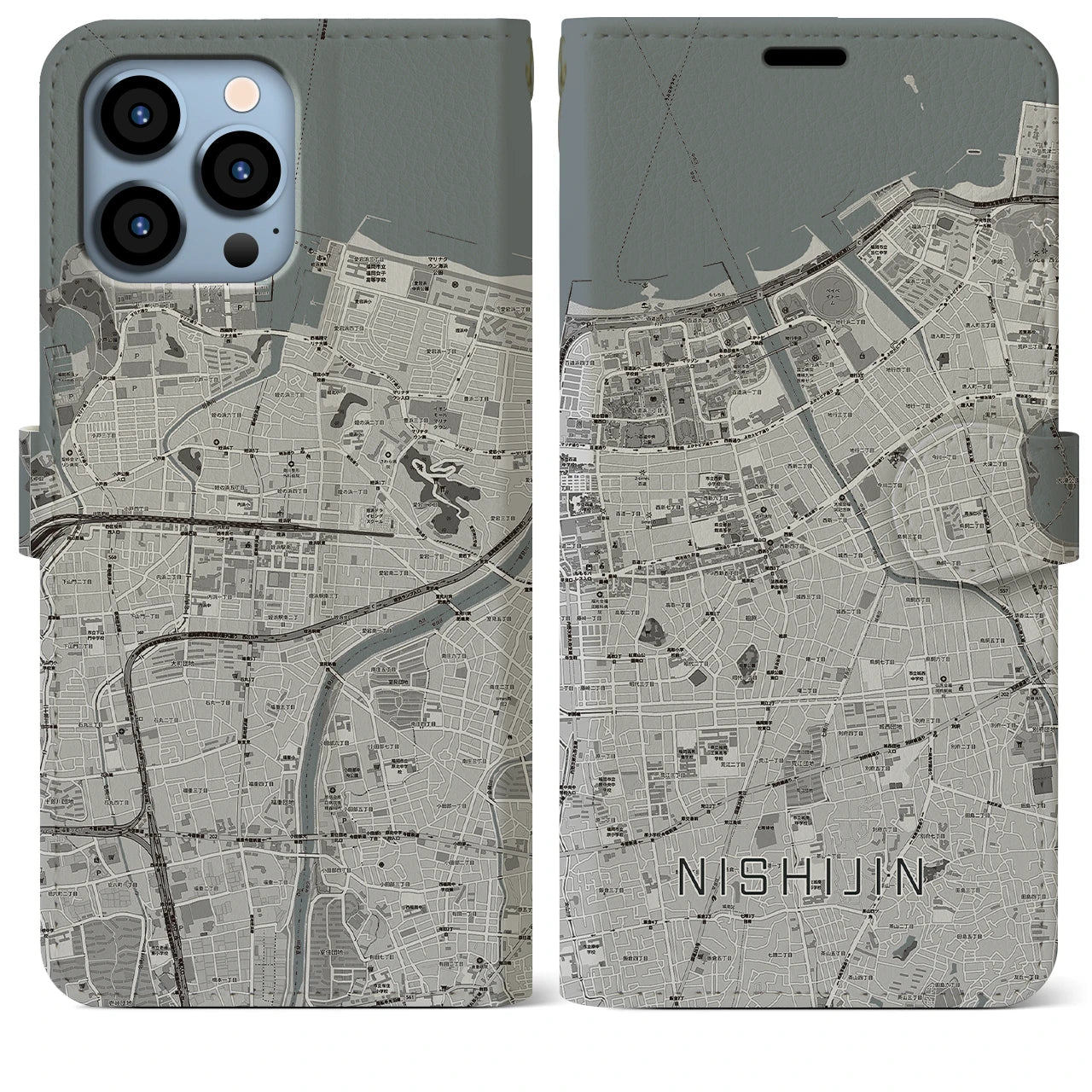【西新】地図柄iPhoneケース（手帳両面タイプ・モノトーン）iPhone 13 Pro Max 用