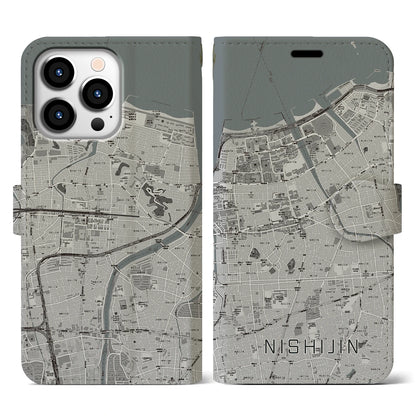 【西新（福岡県）】地図柄iPhoneケース（手帳タイプ）モノトーン・iPhone 13 Pro 用