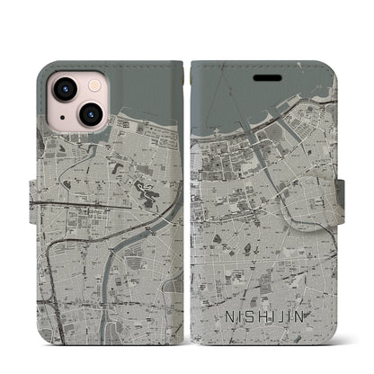 【西新（福岡県）】地図柄iPhoneケース（手帳タイプ）モノトーン・iPhone 13 mini 用