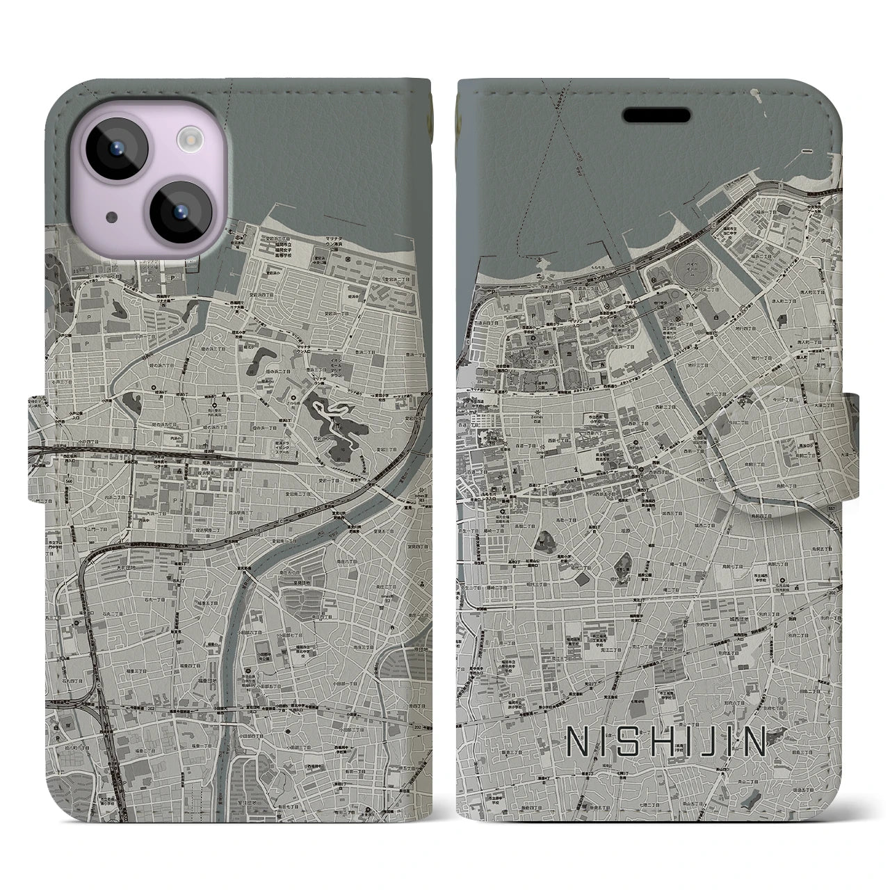 【西新】地図柄iPhoneケース（手帳両面タイプ・モノトーン）iPhone 14 用