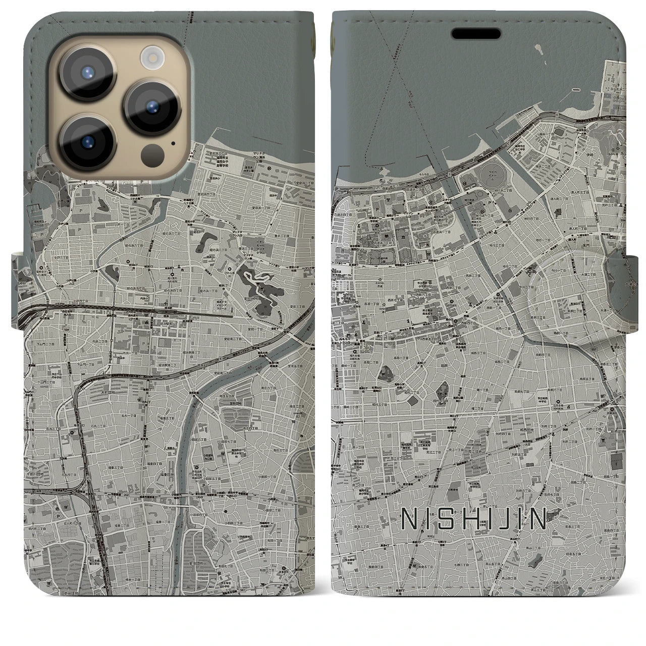 【西新】地図柄iPhoneケース（手帳両面タイプ・モノトーン）iPhone 14 Pro Max 用