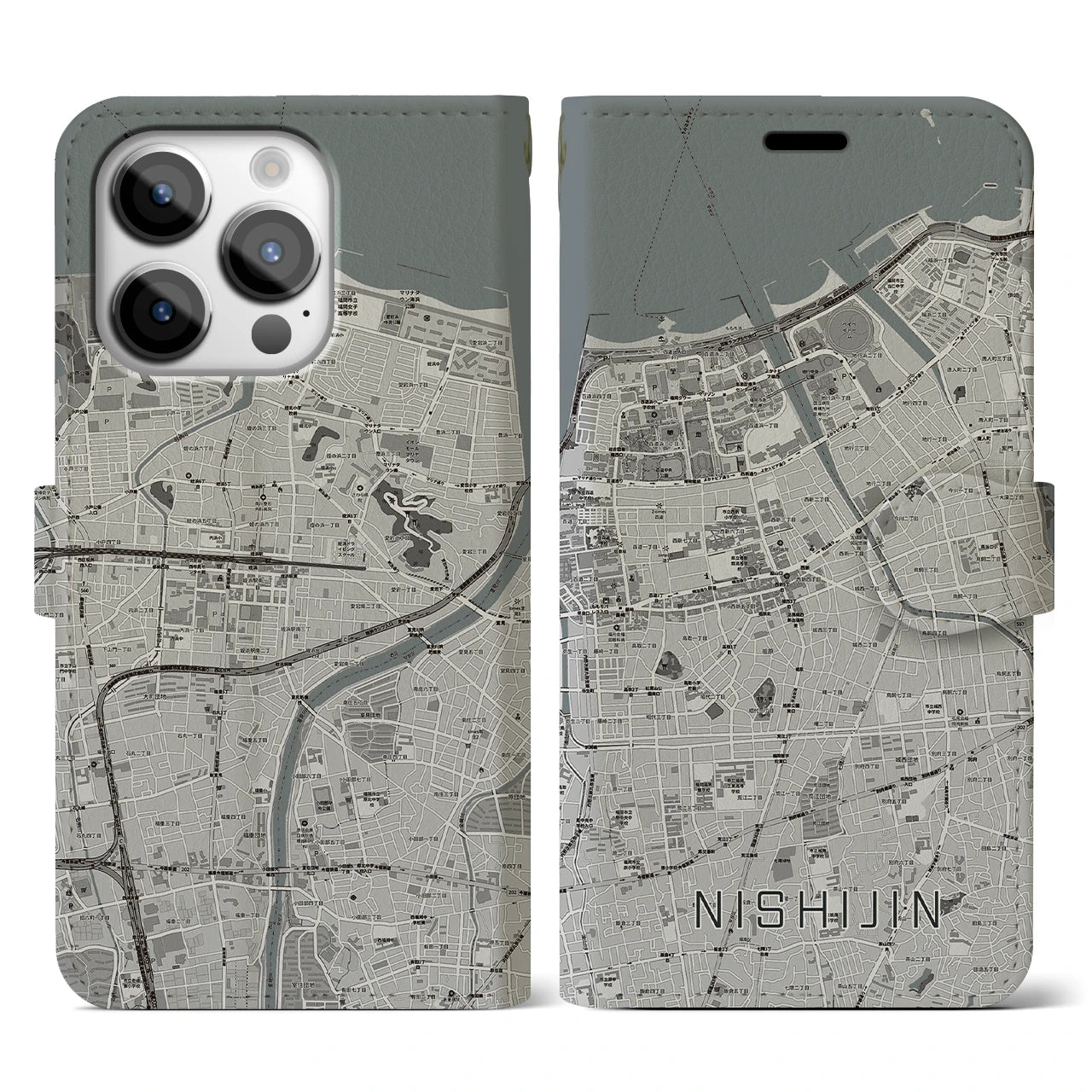 【西新】地図柄iPhoneケース（手帳両面タイプ・モノトーン）iPhone 14 Pro 用