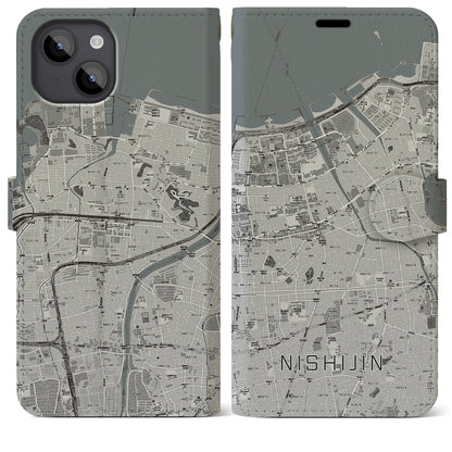 【西新（福岡県）】地図柄iPhoneケース（手帳タイプ）モノトーン・iPhone 14 Plus 用