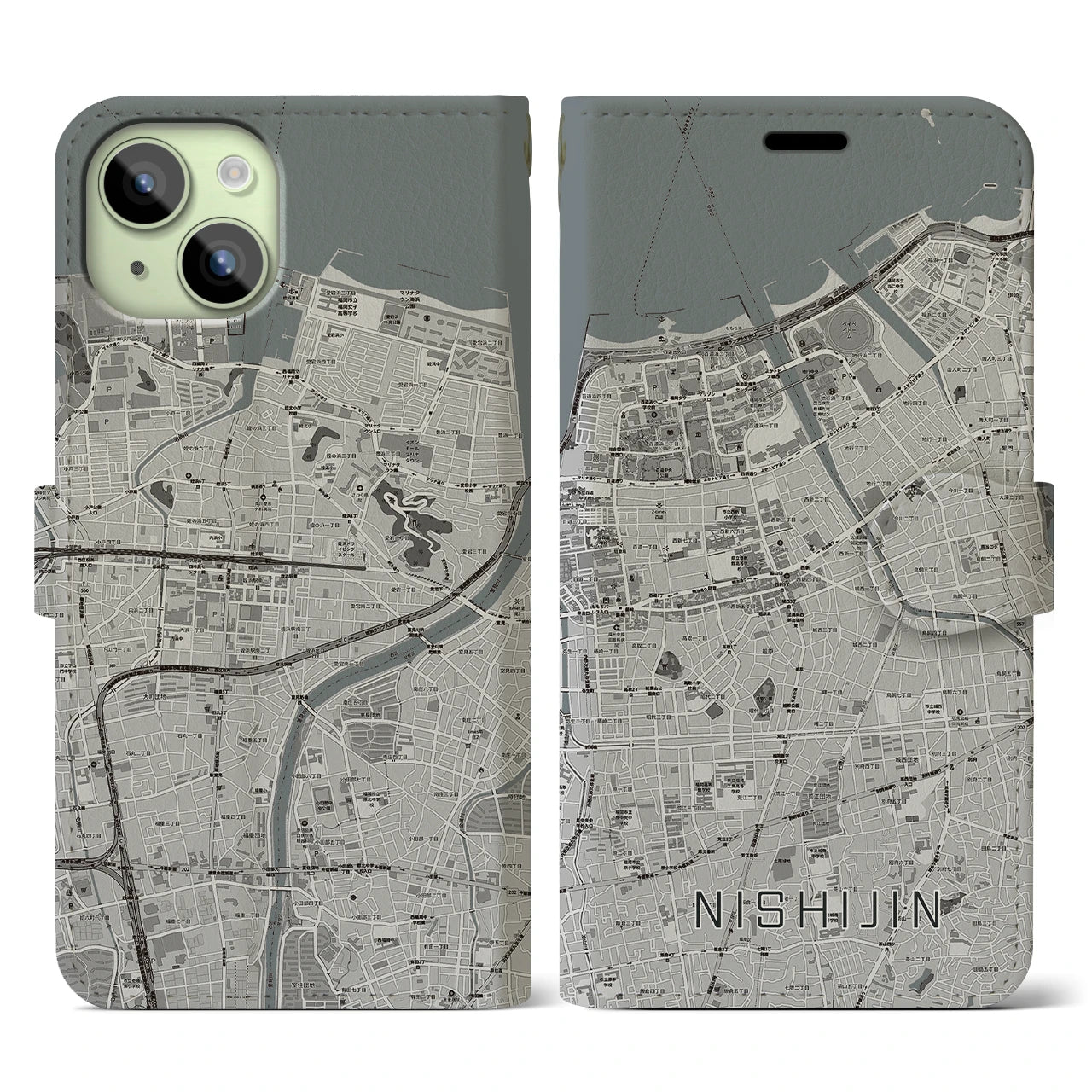 【西新】地図柄iPhoneケース（手帳両面タイプ・モノトーン）iPhone 15 用