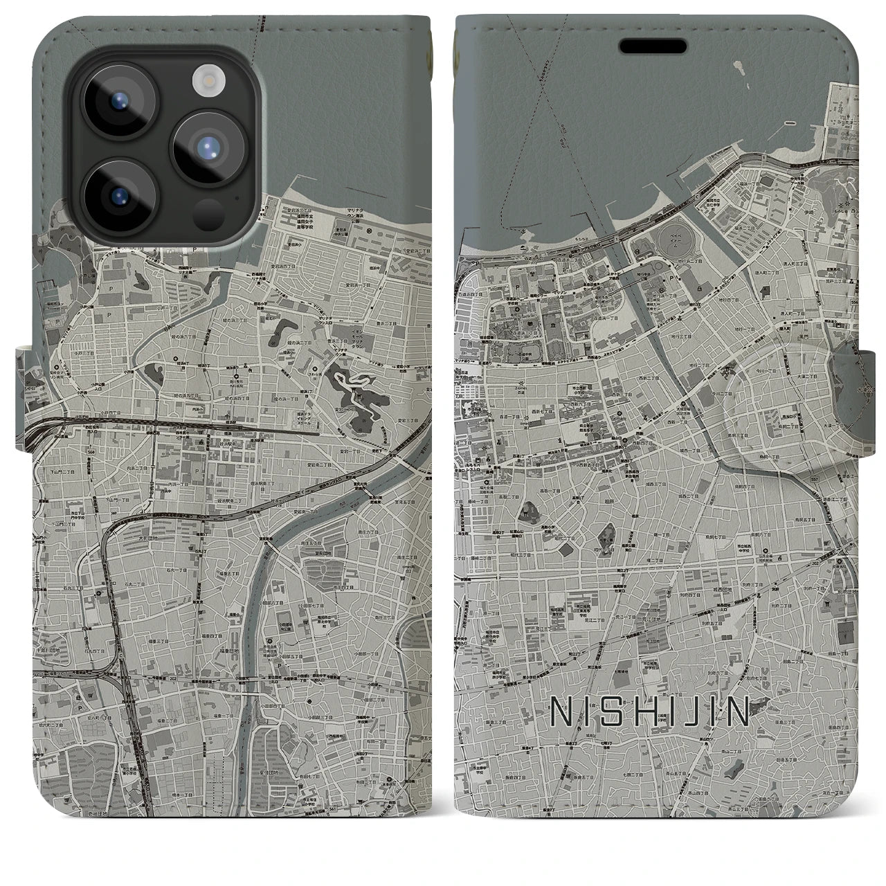【西新】地図柄iPhoneケース（手帳両面タイプ・モノトーン）iPhone 15 Pro Max 用