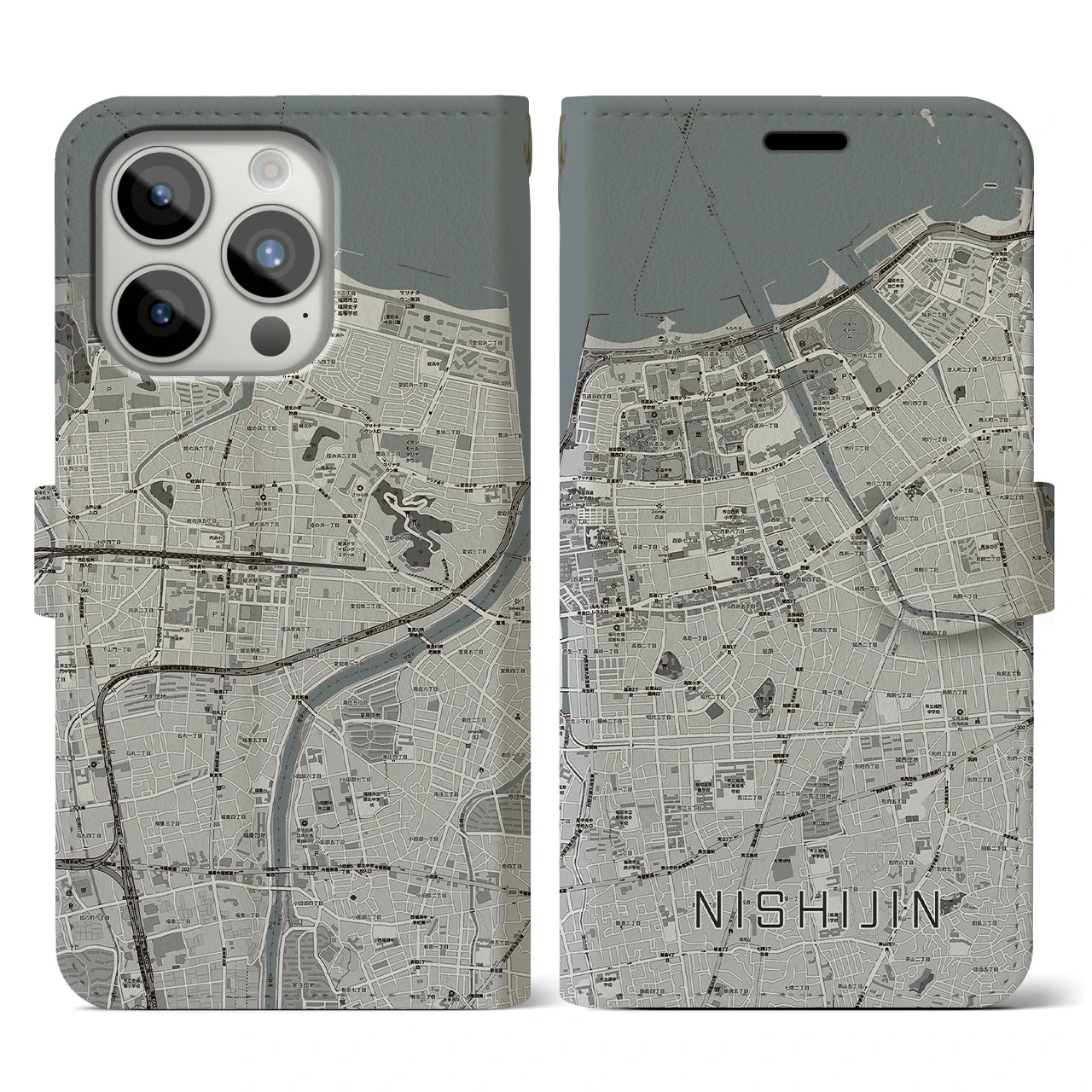 【西新】地図柄iPhoneケース（手帳両面タイプ・モノトーン）iPhone 15 Pro 用