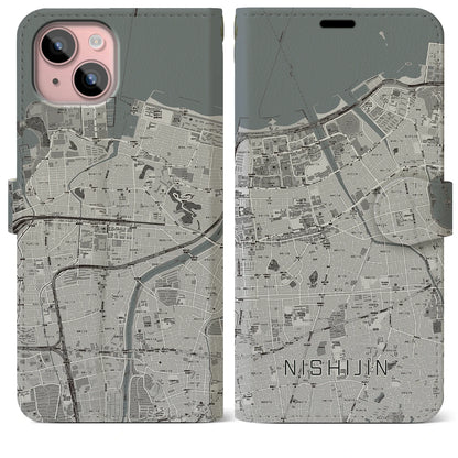 【西新（福岡県）】地図柄iPhoneケース（手帳タイプ）モノトーン・iPhone 15 Plus 用