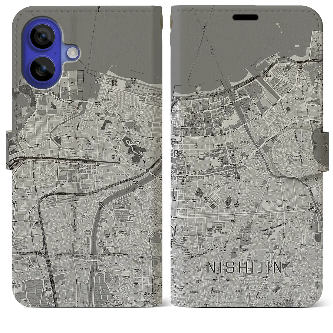 【西新(福岡県)】地図柄iPhoneケース(手帳タイプ)モノトーン・iPhone 16 Pro Max 用