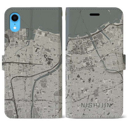 【西新（福岡県）】地図柄iPhoneケース（手帳タイプ）モノトーン・iPhone XR 用