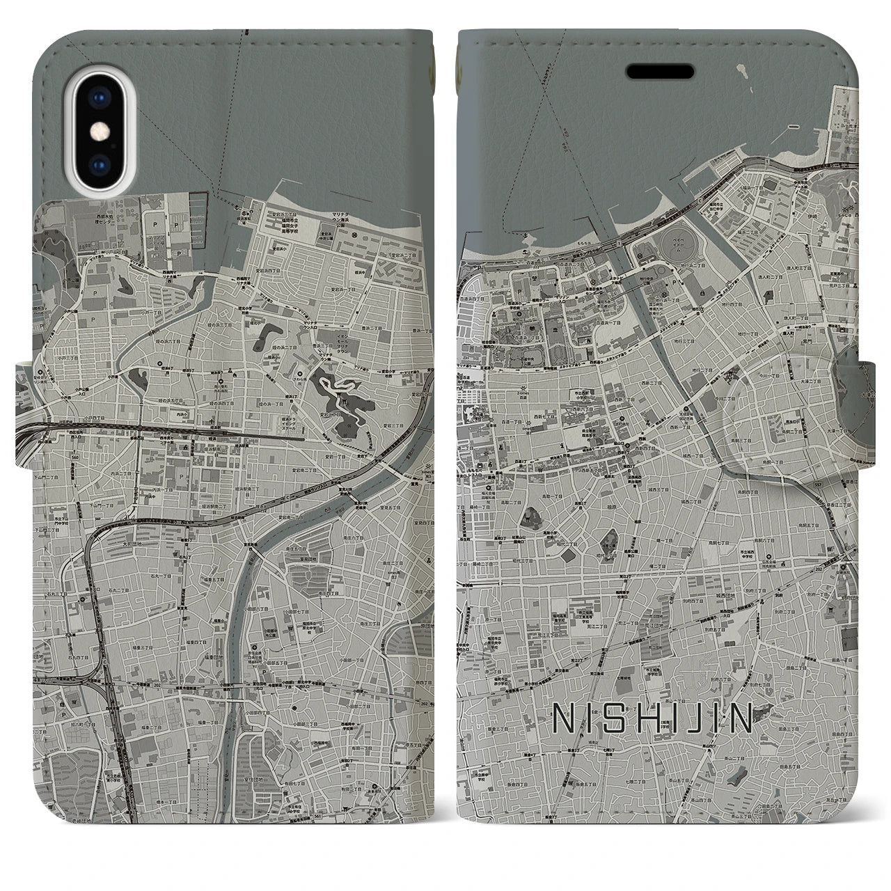 【西新】地図柄iPhoneケース（手帳両面タイプ・モノトーン）iPhone XS Max 用