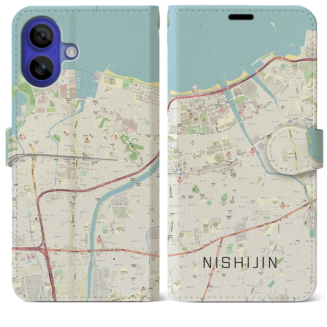 【西新（福岡県）】地図柄iPhoneケース（手帳タイプ）ナチュラル・iPhone 16 Pro Max 用