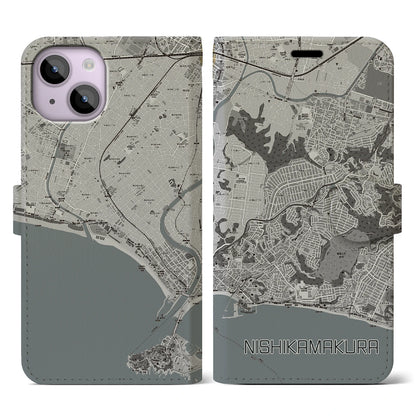 【西鎌倉（神奈川県）】地図柄iPhoneケース（手帳タイプ）モノトーン・iPhone 14 用