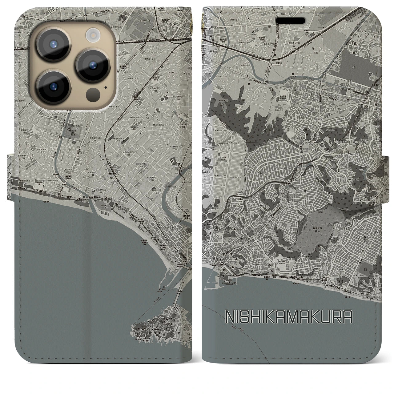 【西鎌倉】地図柄iPhoneケース（手帳両面タイプ・モノトーン）iPhone 14 Pro Max 用