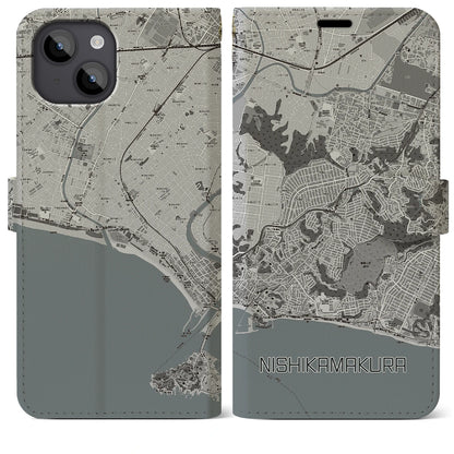 【西鎌倉（神奈川県）】地図柄iPhoneケース（手帳タイプ）モノトーン・iPhone 14 Plus 用